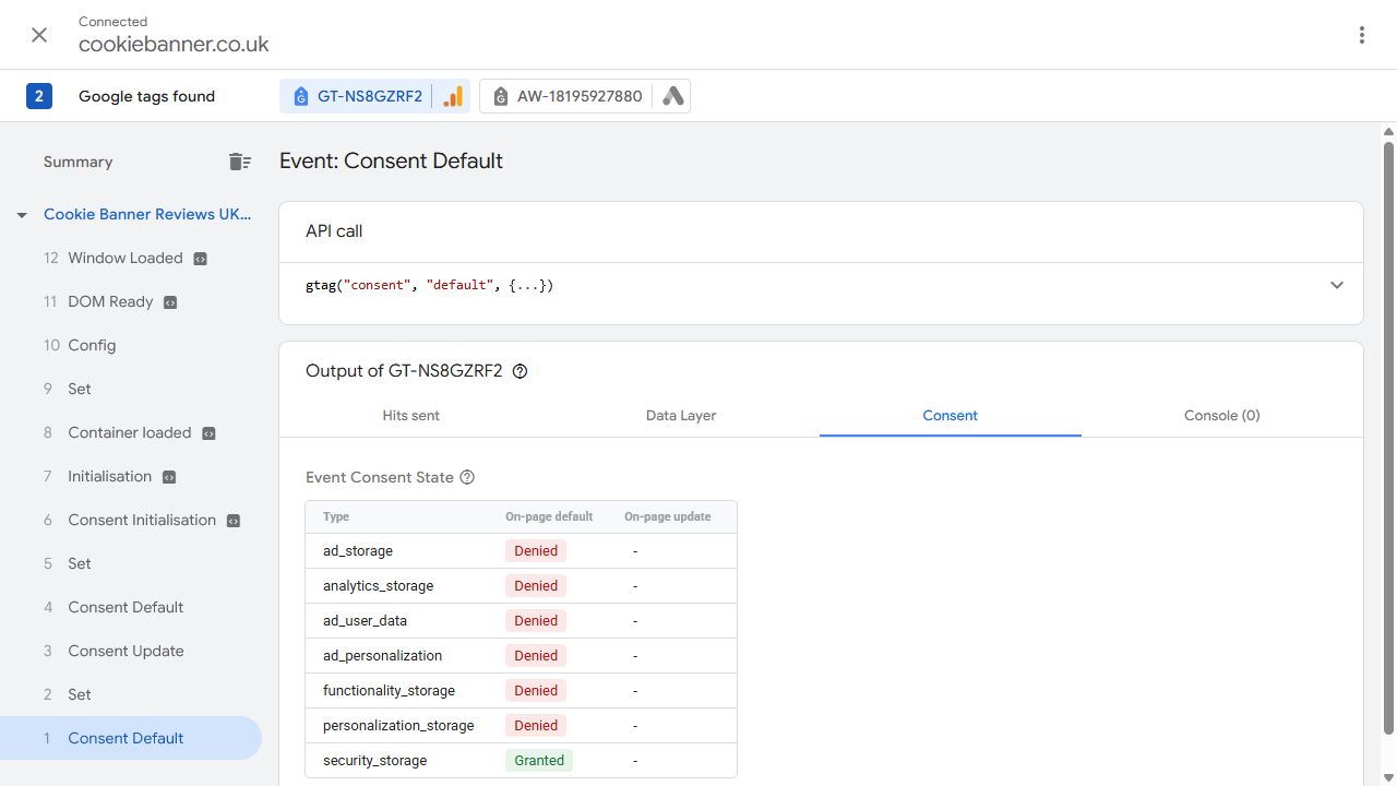 CookieBanner Tag Assistant capture from 4 October 2026: event 1 Consent Default, with all four main consent types denied in the On-page default column