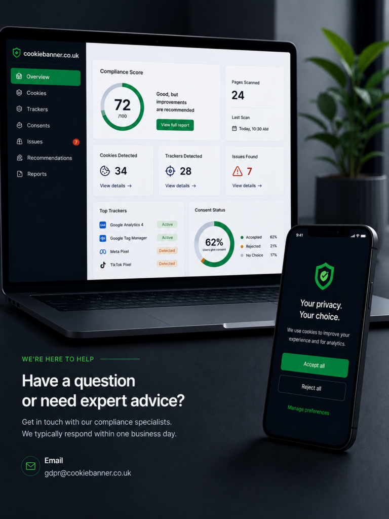 Cookie banner and tracking review contact section