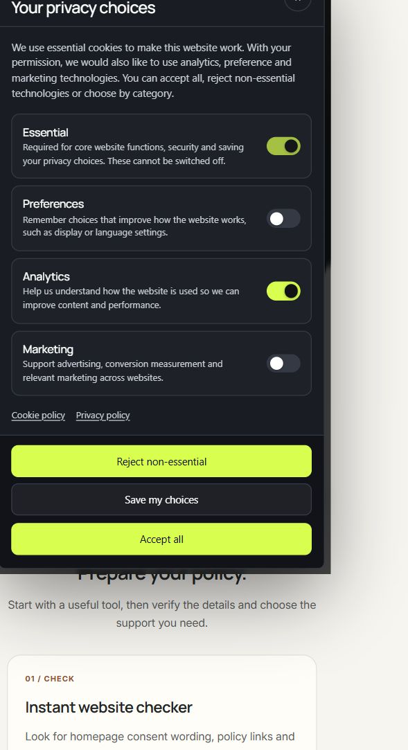 CookieBanner preference panel after saving Analytics on with Preferences and Marketing off