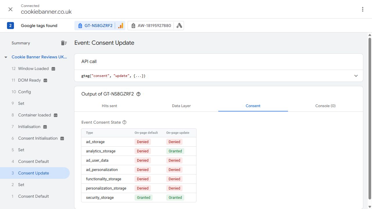 CookieBanner Tag Assistant capture from 4 October 2026: event 3 Consent Update shows analytics storage granted and the three advertising consent types denied